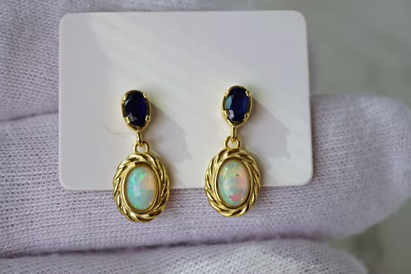 Natural Opal and Blue Sapphire Drop Earrings Sterling Silver925 with gold plated