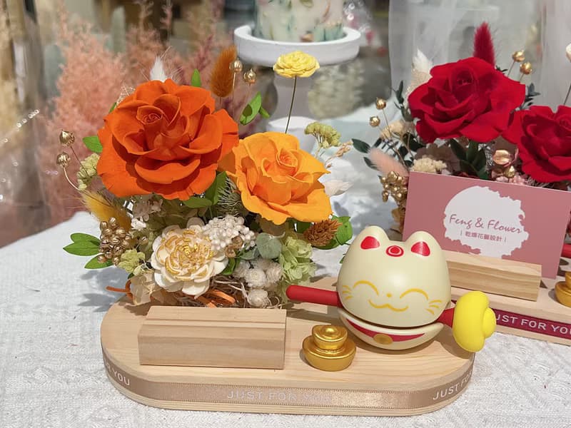 FengFlower 【永生花招財木魚名片座】永生花/乾燥花/送禮