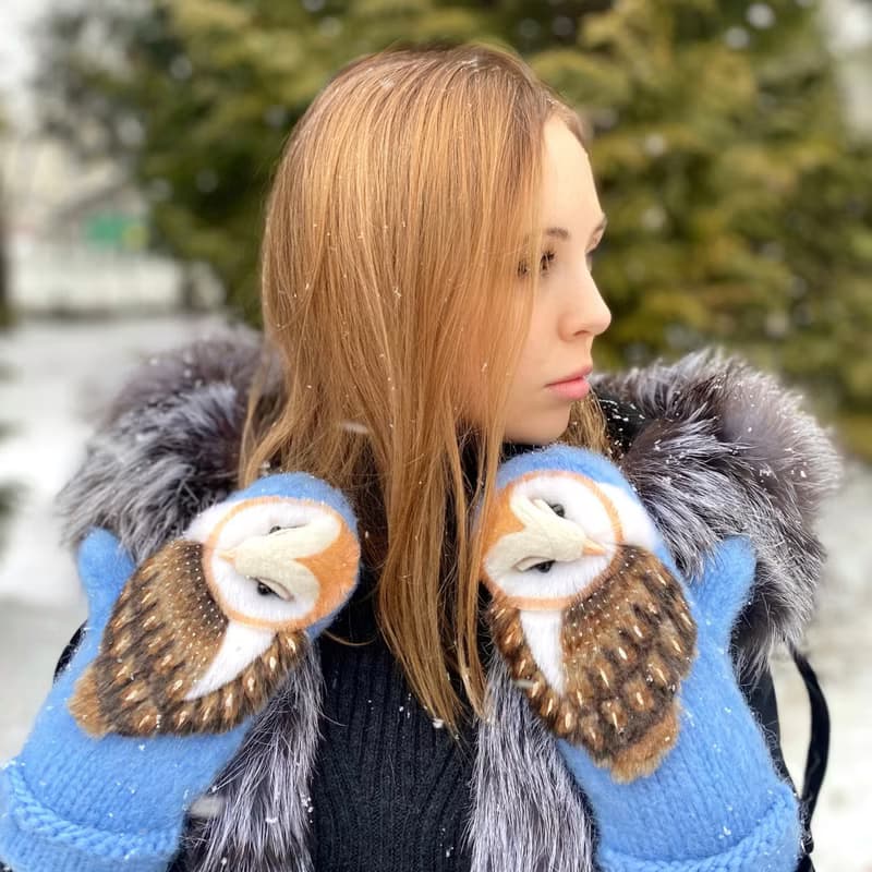 独特的手工猫头鹰连指手套。 温暖的羊毛妇女连指手套与猫头鹰。