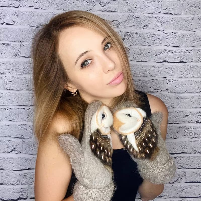 独特的手工猫头鹰连指手套。 温暖的羊毛妇女连指手套与猫头鹰。