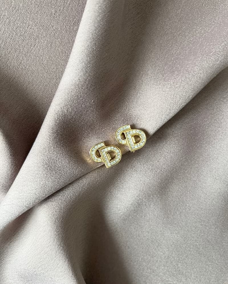 Dior鍍金經典CD水晶耳夾耳環 極美品 日本中古vintage
