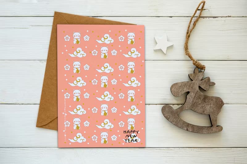 招財貓咪 新年快樂【CM17157】洛可可草莓手創明信片龍年賀卡