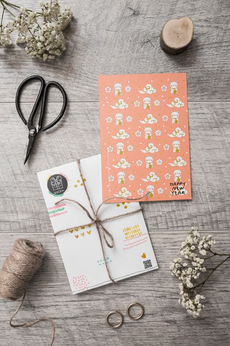 招財貓咪 新年快樂【CM17157】洛可可草莓手創明信片龍年賀卡