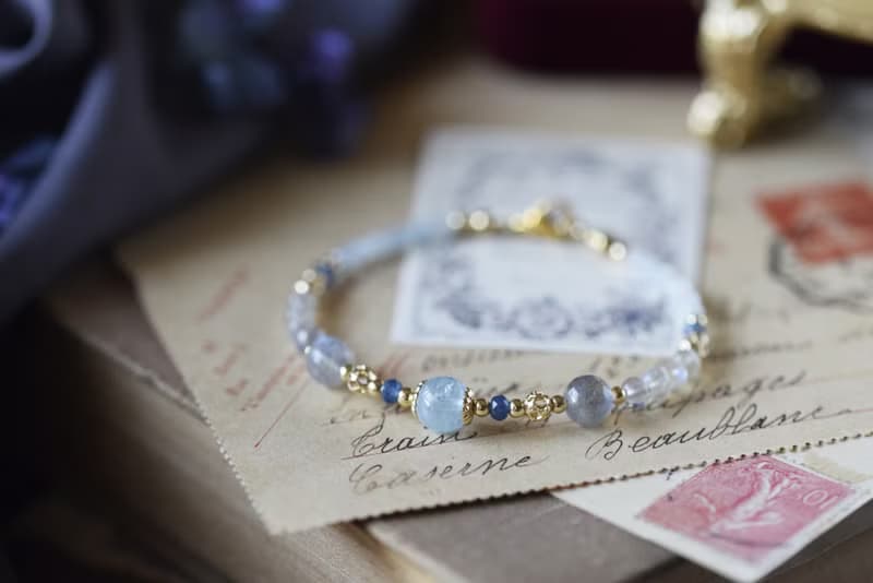 雪魄。冰種海藍寶 拉長石 寶藍玉髓 14KGP 天然石水晶 手鍊