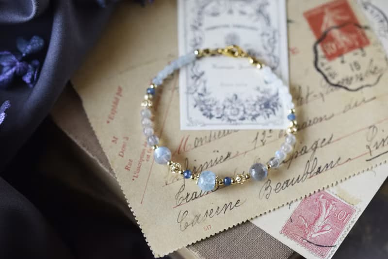 雪魄。冰種海藍寶 拉長石 寶藍玉髓 14KGP 天然石水晶 手鍊