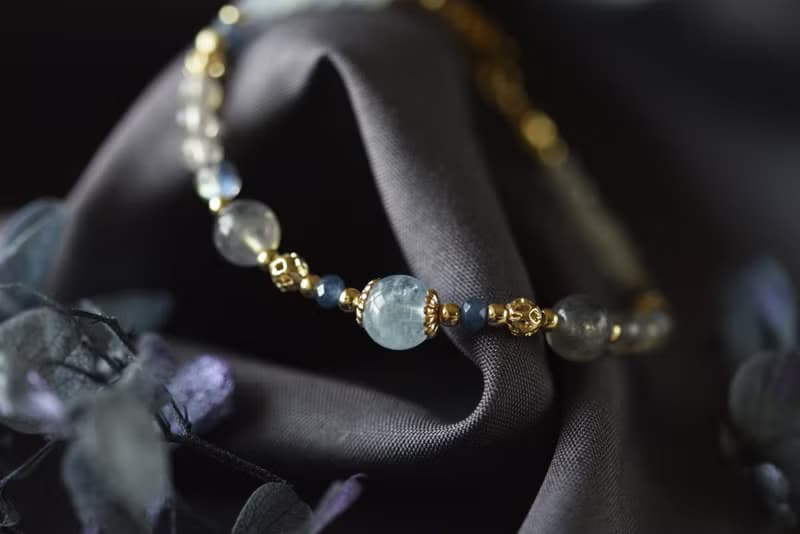 雪魄。冰種海藍寶 拉長石 寶藍玉髓 14KGP 天然石水晶 手鍊