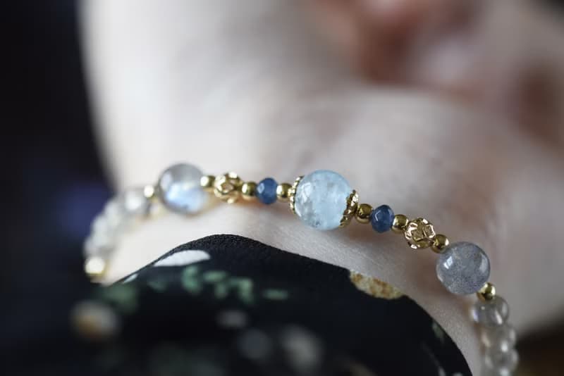 雪魄。冰種海藍寶 拉長石 寶藍玉髓 14KGP 天然石水晶 手鍊