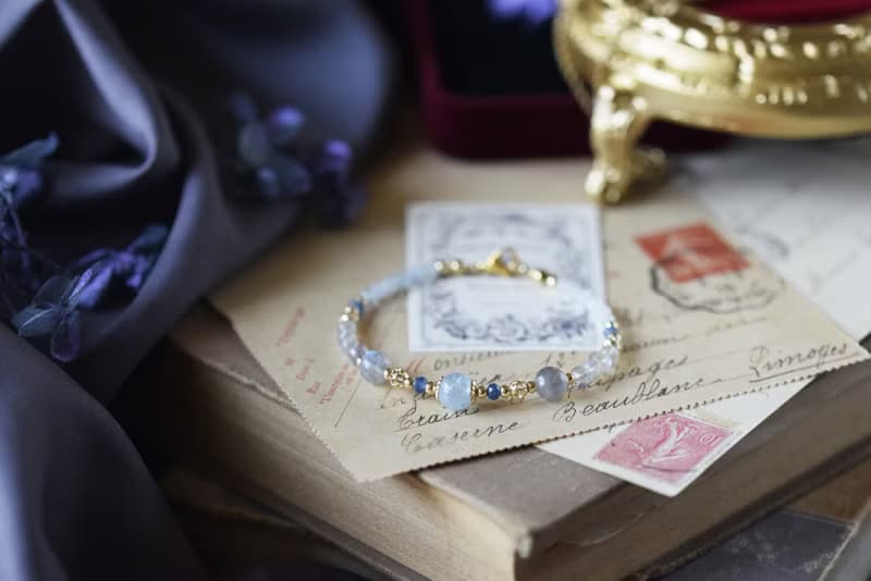 雪魄。冰種海藍寶 拉長石 寶藍玉髓 14KGP 天然石水晶 手鍊