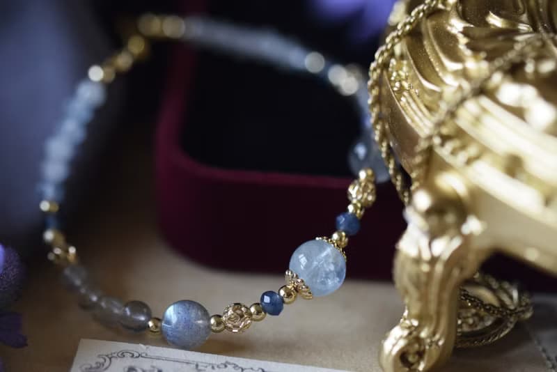 雪魄。冰種海藍寶 拉長石 寶藍玉髓 14KGP 天然石水晶 手鍊