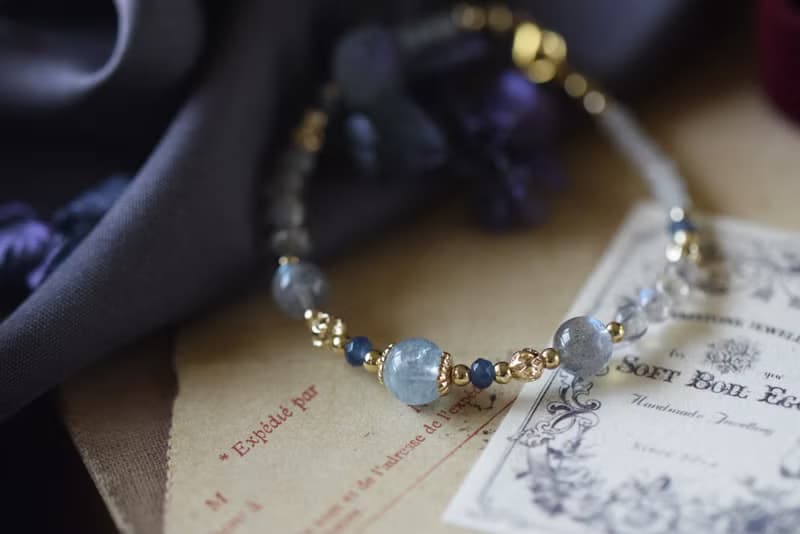 雪魄。冰種海藍寶 拉長石 寶藍玉髓 14KGP 天然石水晶 手鍊