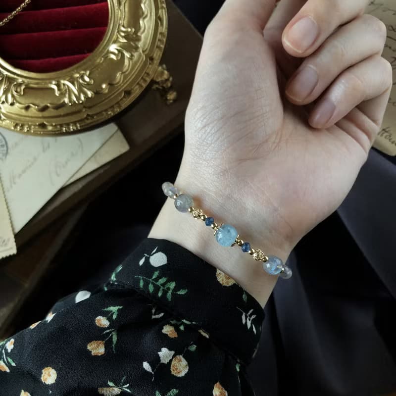 雪魄。冰種海藍寶 拉長石 寶藍玉髓 14KGP 天然石水晶 手鍊