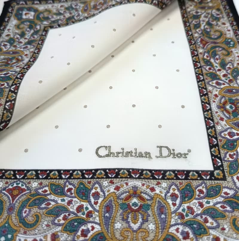 Christian Dior Vintage Handkerchief Pocket Paisley Beige 19 x 19 inches.