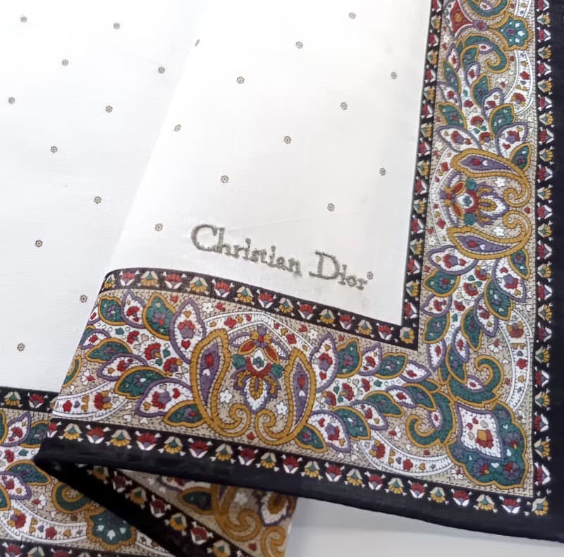 Christian Dior Vintage Handkerchief Pocket Paisley Beige 19 x 19 inches.