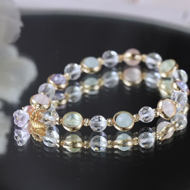 粉晶 葡萄石 海藍寶 白水晶。光之影。平安幸福水晶手鍊