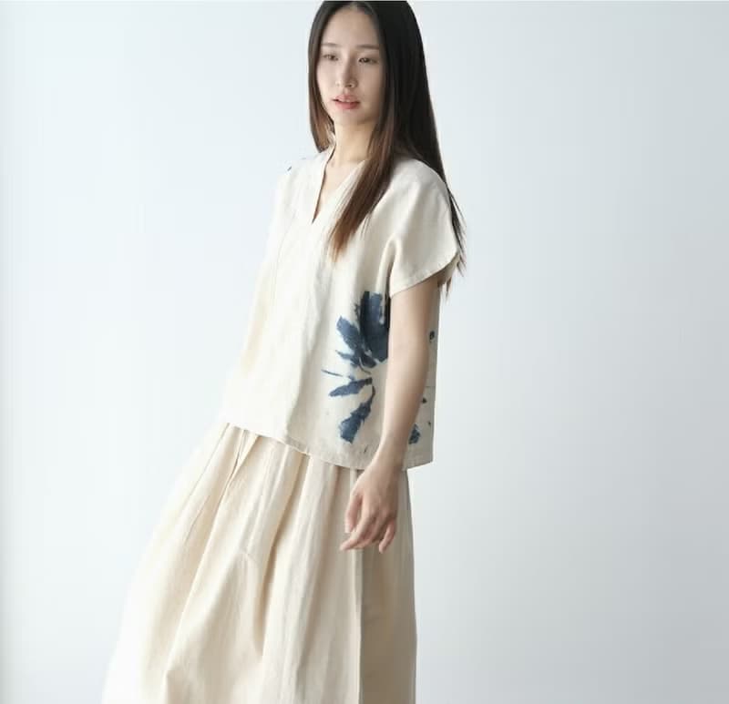 【棉麻手工藍染】 V領復古短袖上衣 3色