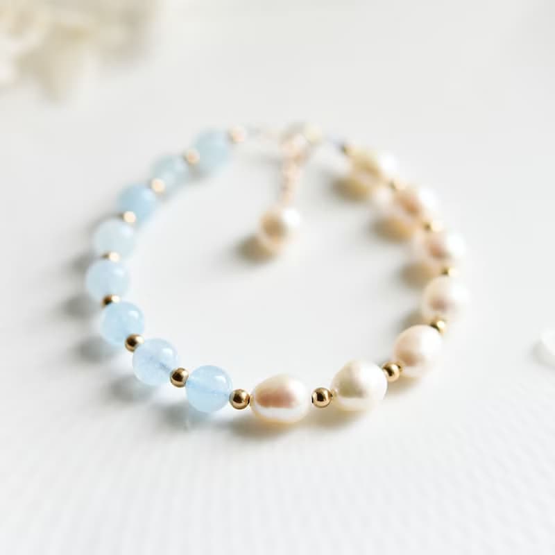 幸せな家庭を築,天使の石 アクアマリンとバロックパールのブレスレット 3月誕生石