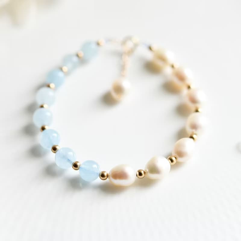 幸せな家庭を築,天使の石 アクアマリンとバロックパールのブレスレット 3月誕生石