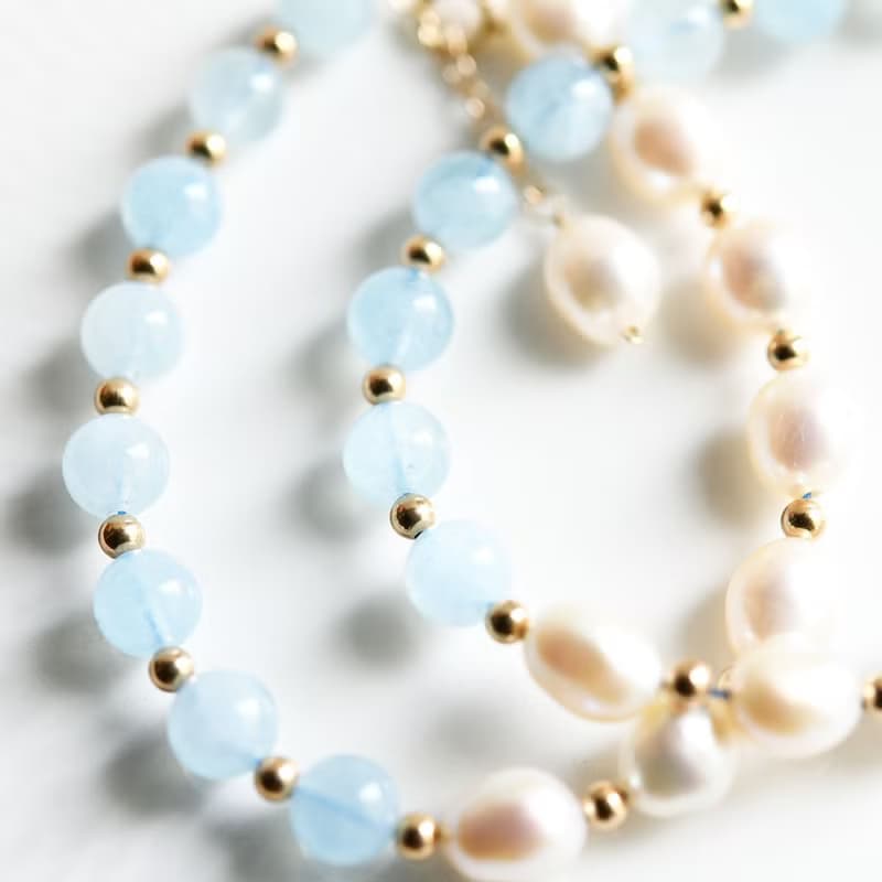 幸せな家庭を築,天使の石 アクアマリンとバロックパールのブレスレット 3月誕生石
