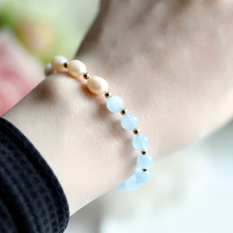 幸せな家庭を築,天使の石 アクアマリンとバロックパールのブレスレット 3月誕生石