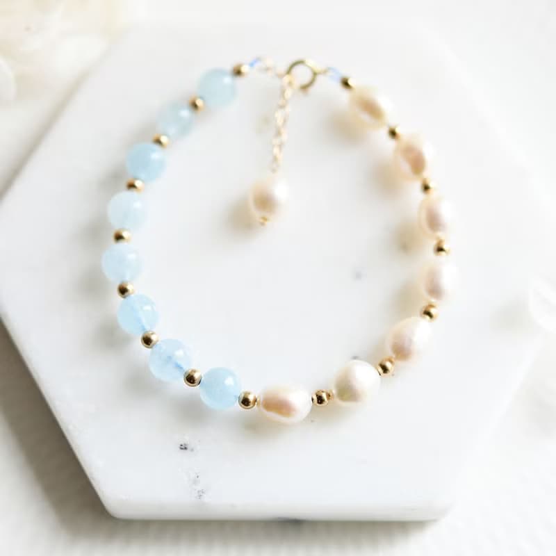 幸せな家庭を築,天使の石 アクアマリンとバロックパールのブレスレット 3月誕生石