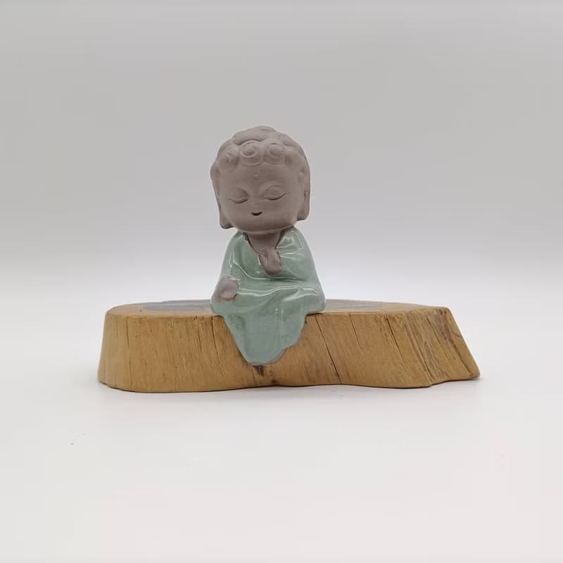 竹柏植栽 陶藝小佛祖 奇木 黑檀原木墊