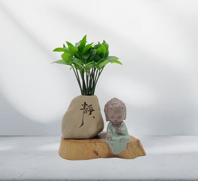 竹柏植栽 陶藝小佛祖 奇木 黑檀原木墊