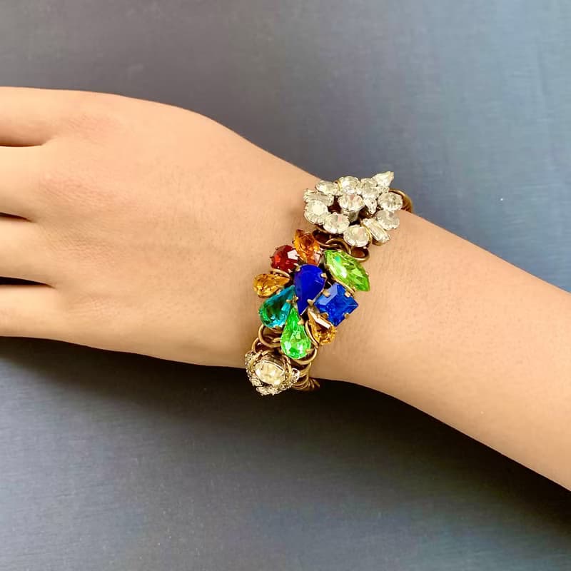 ヴィンテージボヘミアングラスチェーンマイユブレスレット　ネイビー