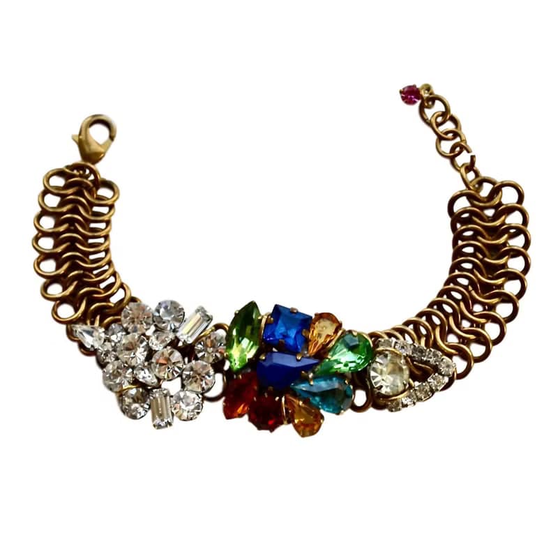 ヴィンテージボヘミアングラスチェーンマイユブレスレット　ネイビー