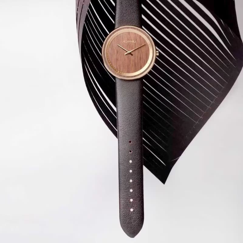 VEJRHOJ 丹麥霍伊經典原木手錶 The SUN 咖啡棕 黃銅金 胡桃木