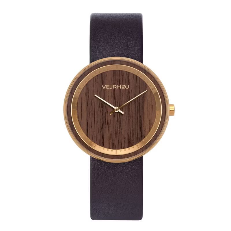 VEJRHOJ 丹麥霍伊經典原木手錶 The SUN 咖啡棕 黃銅金 胡桃木