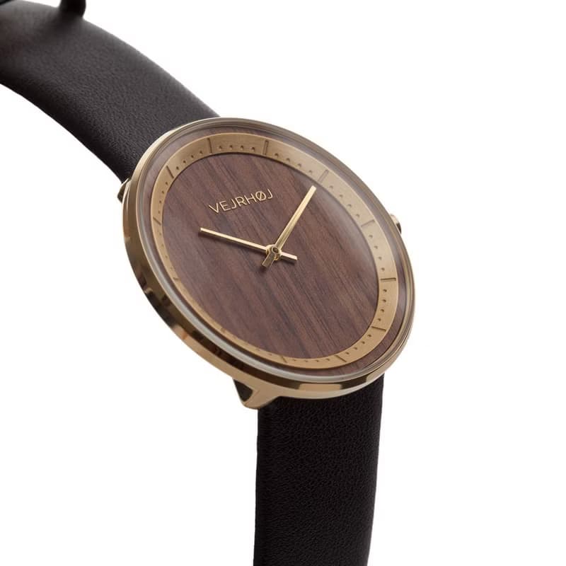 VEJRHOJ 丹麥霍伊經典原木手錶 The SUN 咖啡棕 黃銅金 胡桃木