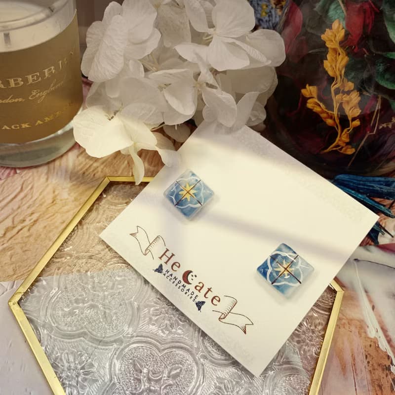 手繪飾品-花磚系列-藍釉黃蕊-復古文青手作耳釘耳夾耳環
