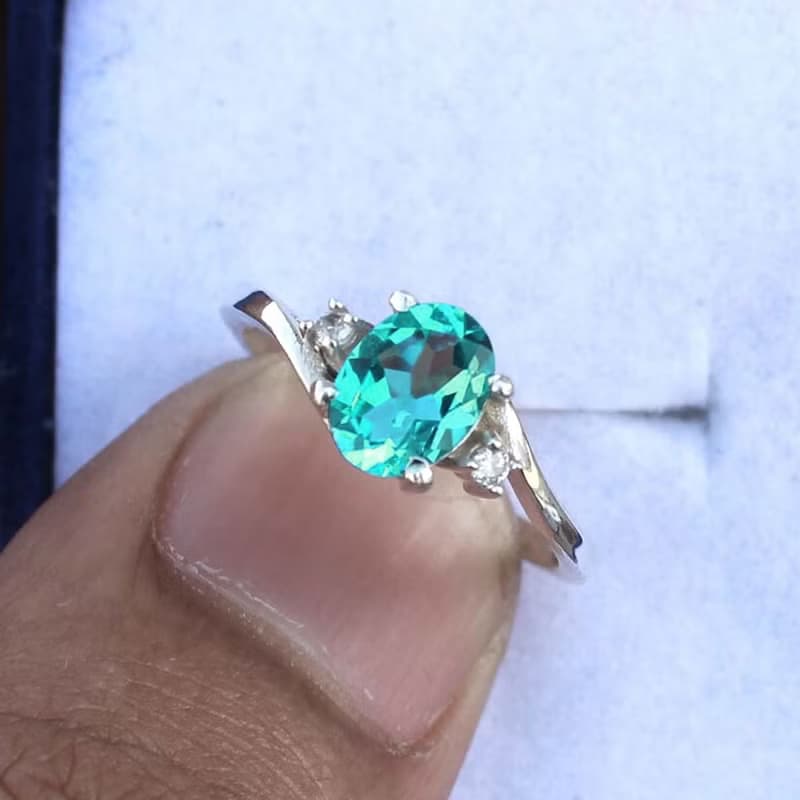 9 x 7 mm ฺBlue green genuine topaz ring silver sterling 925 size 7.0 free resize