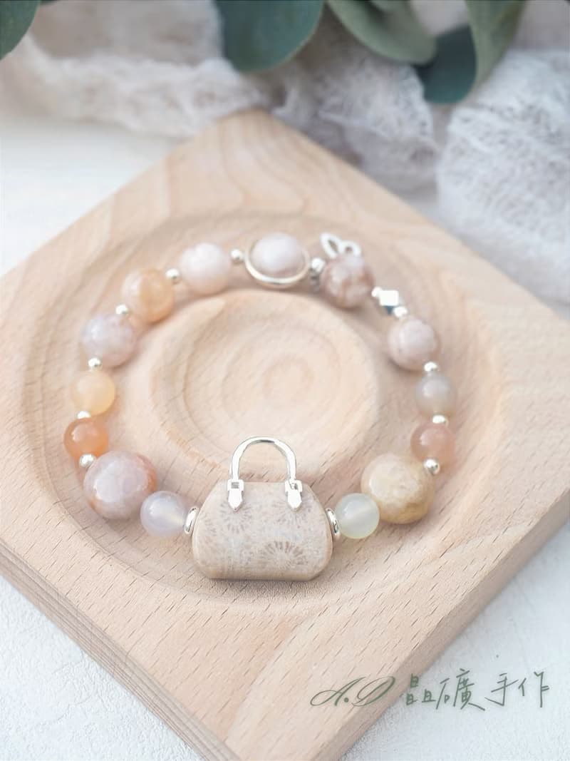 櫻花瑪瑙 手提包雕刻件 珊瑚玉設計款 手鍊