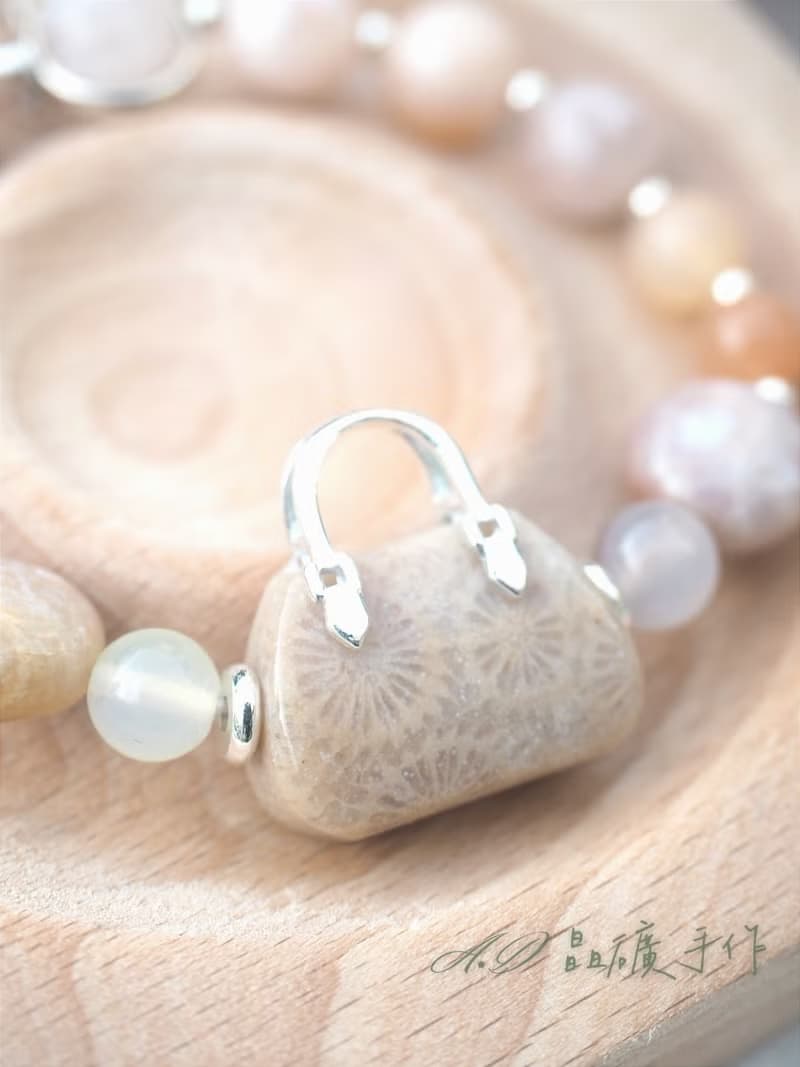 櫻花瑪瑙 手提包雕刻件 珊瑚玉設計款 手鍊