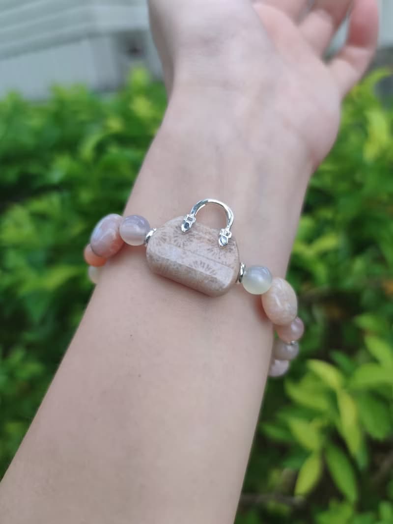 櫻花瑪瑙 手提包雕刻件 珊瑚玉設計款 手鍊