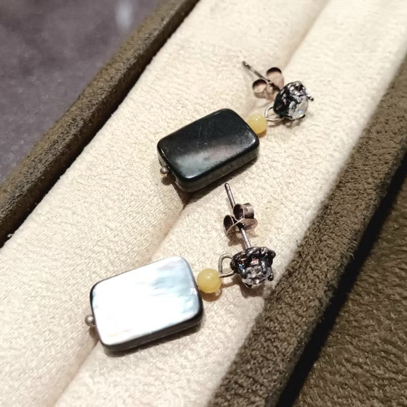 純銀設計耳環 鋯石+黃玉+貝殼+925銀(耳針)/古典優雅/
