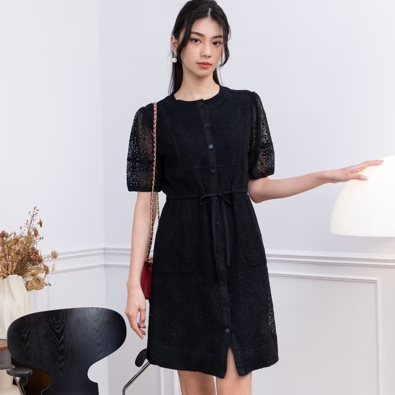 【MEDUSA】黑色蕾絲燒花開襟綁帶小洋裝(M-XL) | 小禮服 蕾絲洋裝