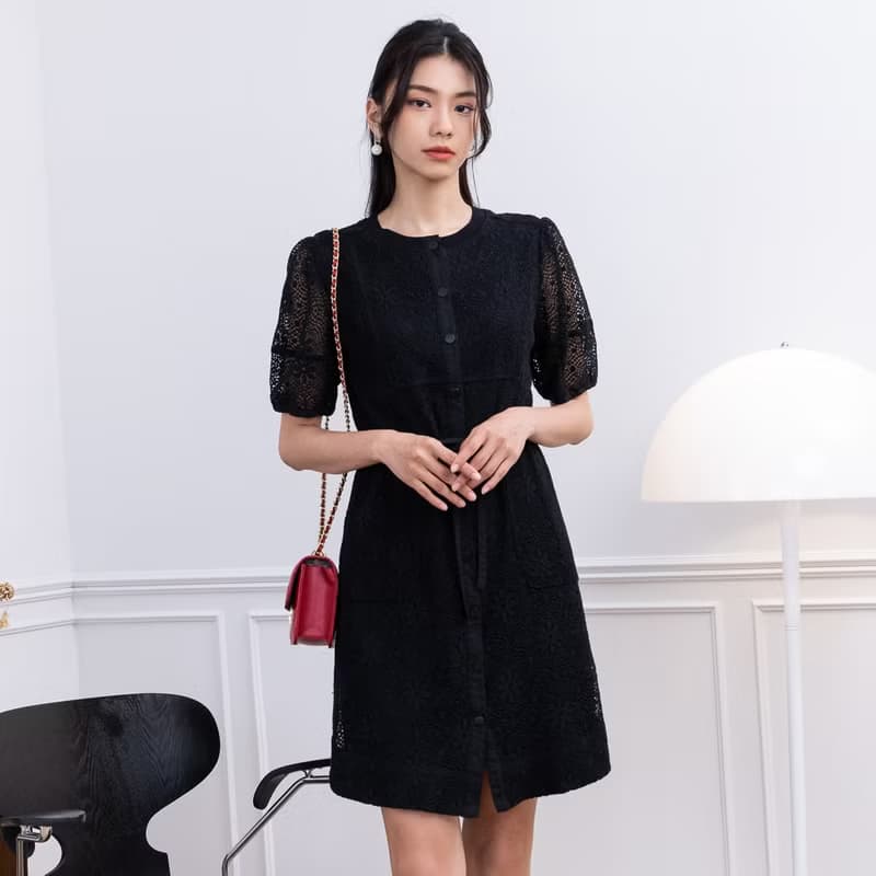 【MEDUSA】黑色蕾絲燒花開襟綁帶小洋裝(M-XL) | 小禮服 蕾絲洋裝
