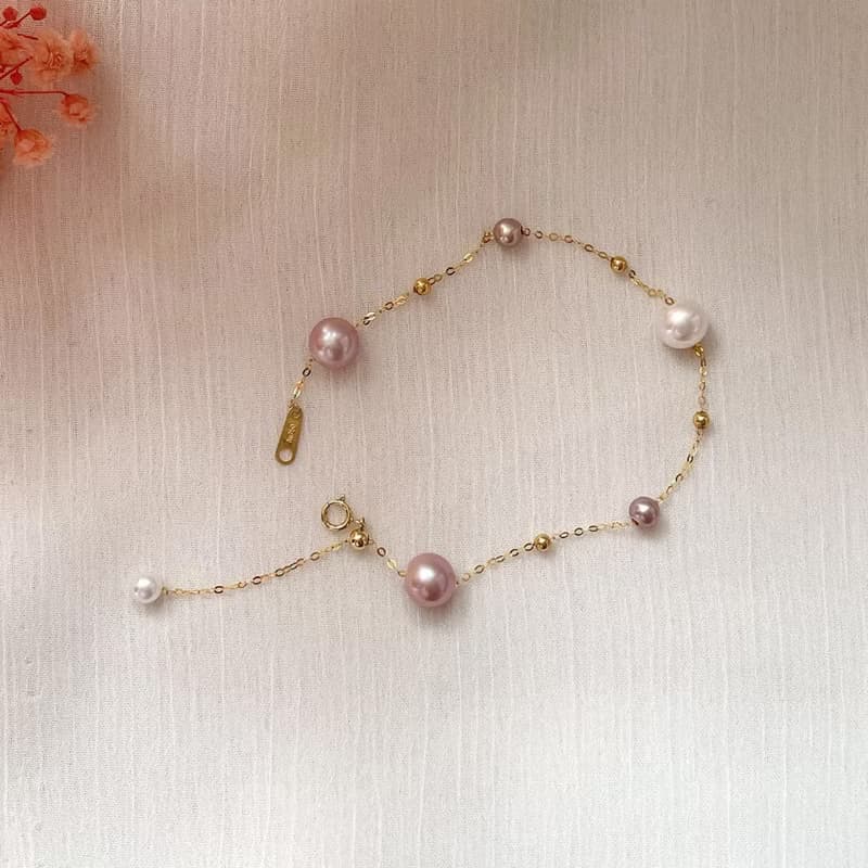 浪漫滿天星18K金粉彩天然珍珠手鍊