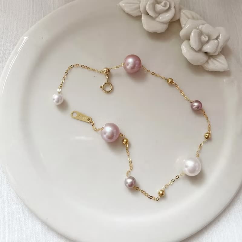 浪漫滿天星18K金粉彩天然珍珠手鍊