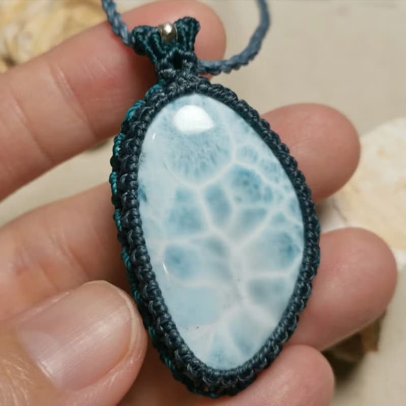 拉利瑪/海紋石-蠟線編織/項鍊可調整長度