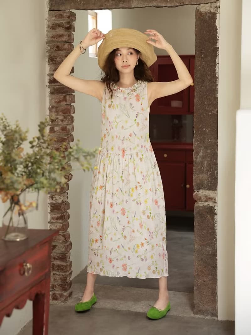 風吻褶間 法式無袖鬱金香洋裝 花卉碎花連衣裙 花苞型中長裙