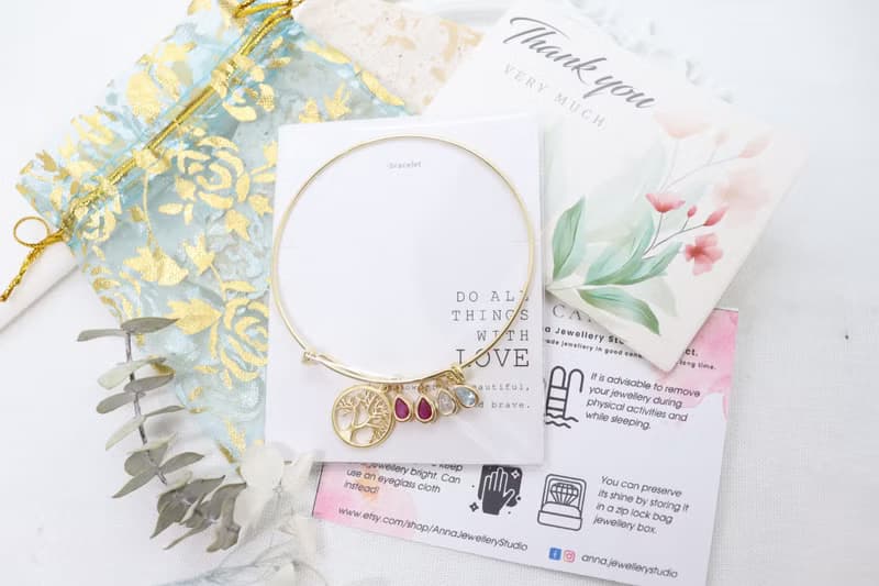 Golden Tree of Life Birthstone Bracelet Custom Family Keepsake Jewelry Delicate