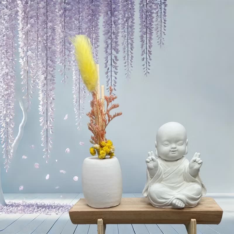 文青簡約風 淨念吉祥之一笑小佛 原木底座系列 搭配永生花擴香瓶