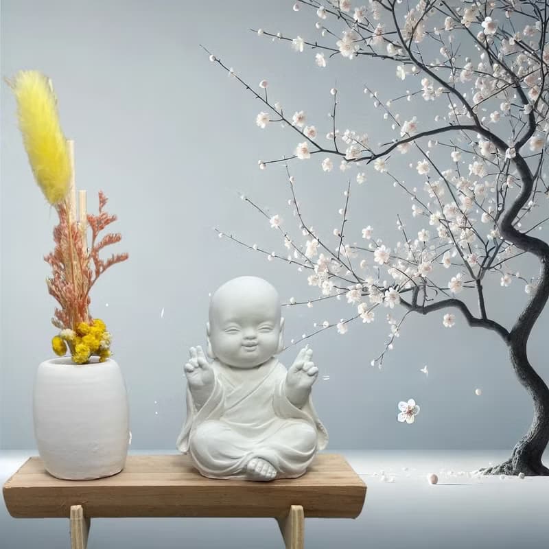 文青簡約風 淨念吉祥之一笑小佛 原木底座系列 搭配永生花擴香瓶