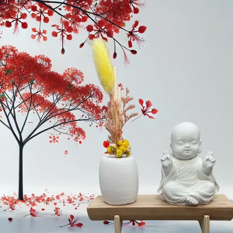 文青簡約風 淨念吉祥之一笑小佛 原木底座系列 搭配永生花擴香瓶