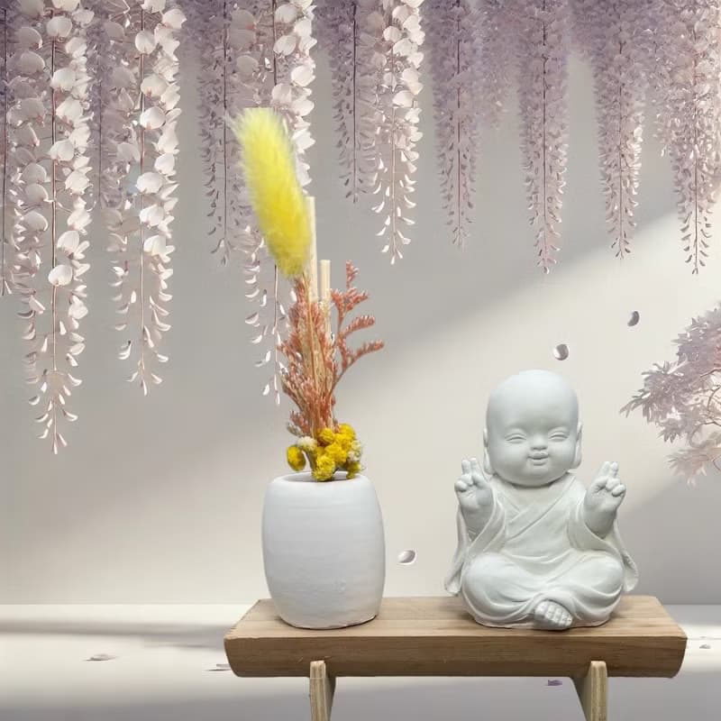 文青簡約風 淨念吉祥之一笑小佛 原木底座系列 搭配永生花擴香瓶