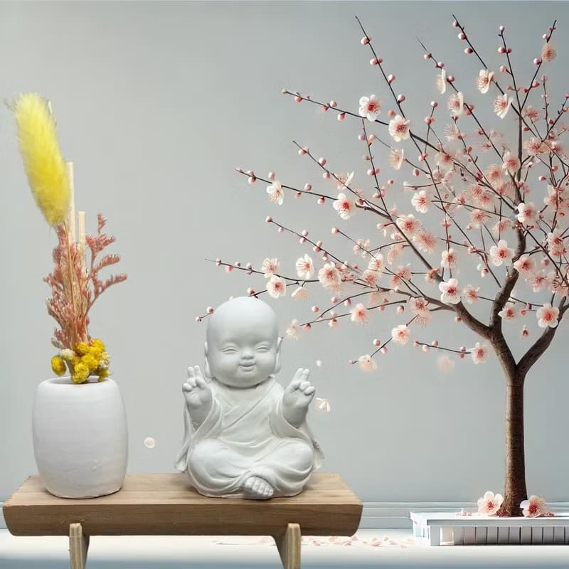 文青簡約風 淨念吉祥之一笑小佛 原木底座系列 搭配永生花擴香瓶