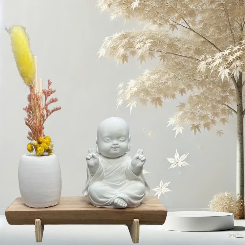 文青簡約風 淨念吉祥之一笑小佛 原木底座系列 搭配永生花擴香瓶